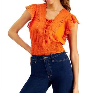 INC Petite Eyelet Lace-Up Blouse size PM